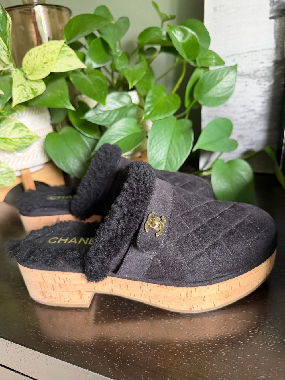 CHANEL Black Quilted Shearling Cork Platform Mule Clogs